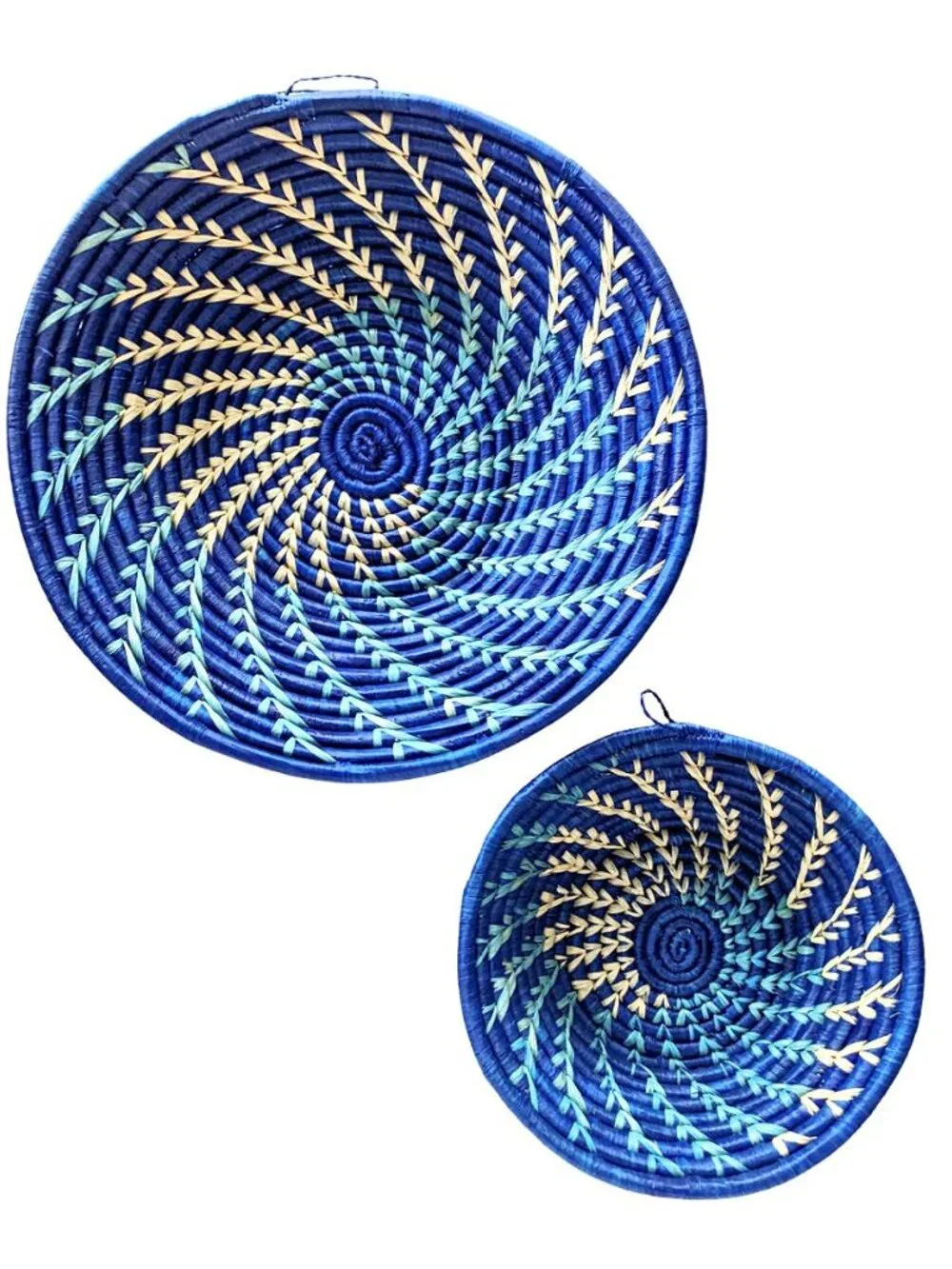 Blue White Woven Raffia Grass African Baskets Set of 2 - Small 8 in | Large 12in